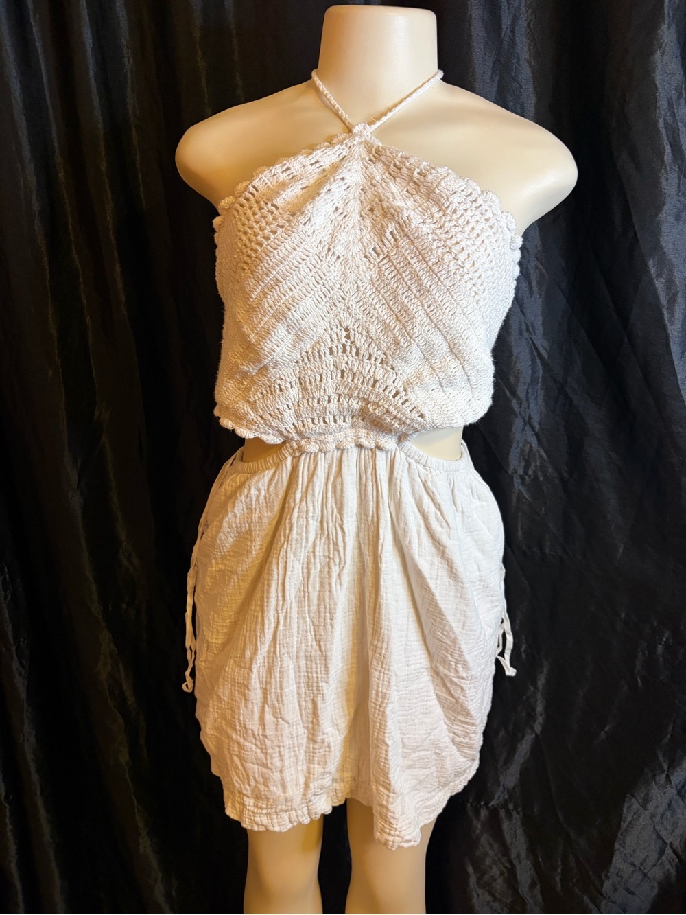 aerie Cream backless Crochet Halter Mini Dress